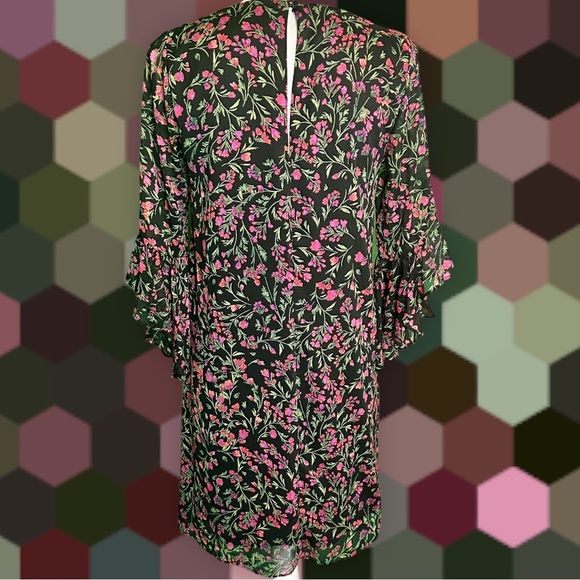 NWOT Calvin Klein Black / Pink Floral Bell Sleeve Chiffon Overlay Shift Dress 4 - Picture 12 of 14